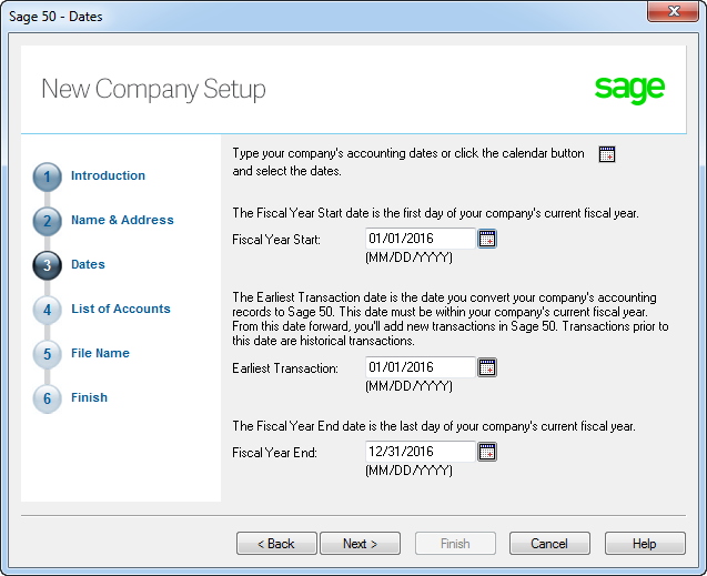 Date options in New Company Setup window