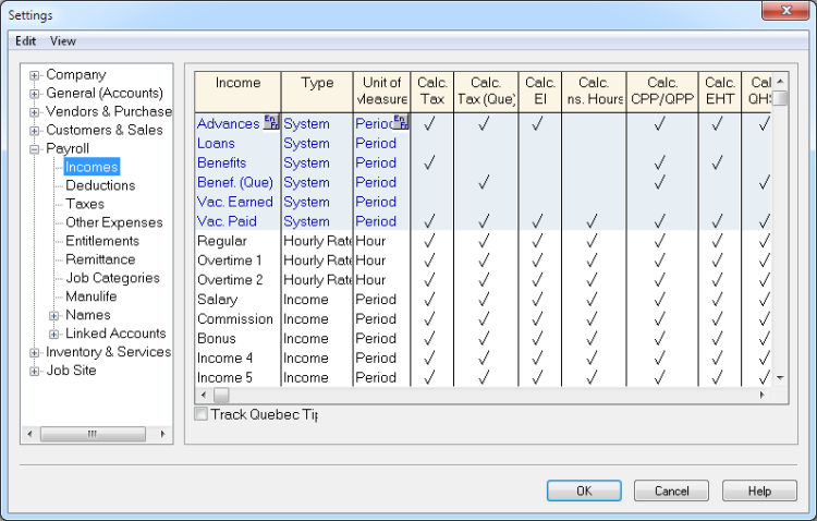 Payroll Incomes options in Settings window